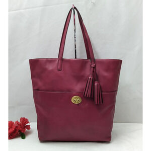 Coach Red Leather Tassel Turnlock Double Handles Tote Bag